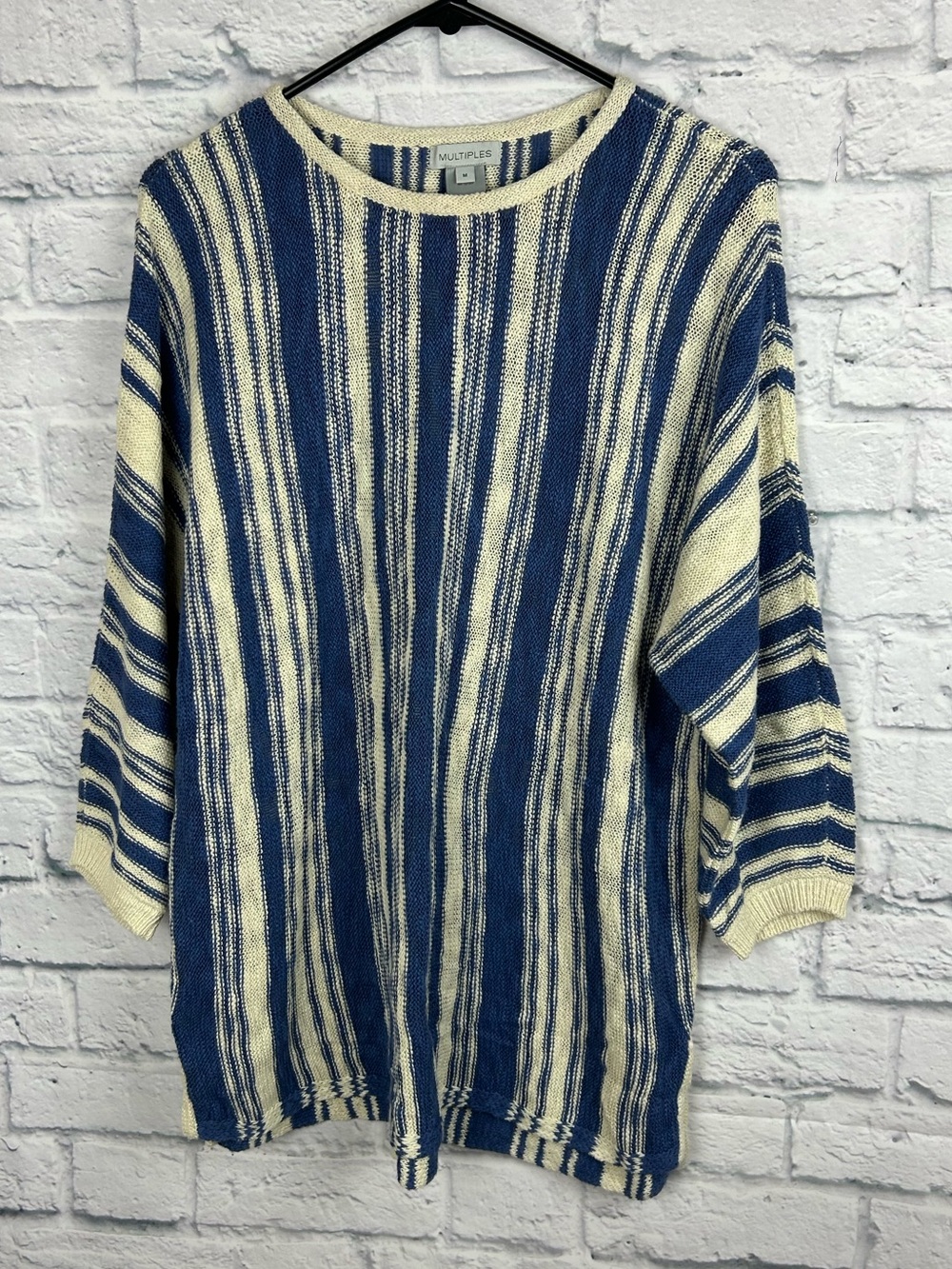 Multiples Women’s M Blue Cream Striped Cotton Linen Oversized Knit Sweater